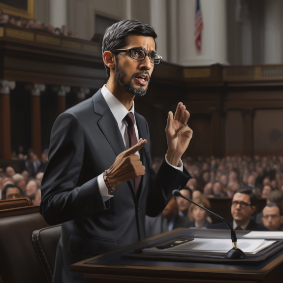 "Sundar Pichai démoigne au tribunal" (Midjourney)
