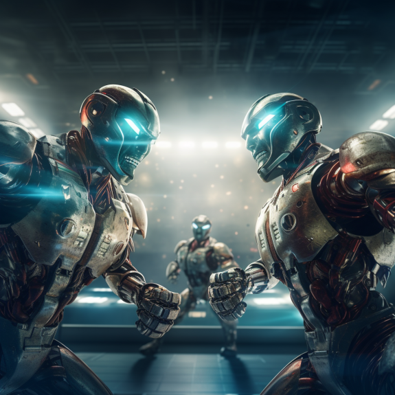 "La bataille des trois robots" (Midjourney)