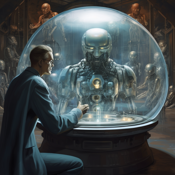 "L'homme observe le futur du robot" (Midjourney)