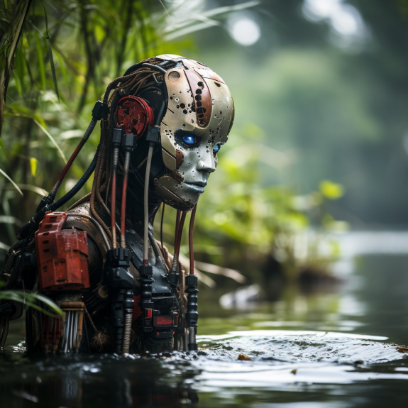 "Un nouveau robot dans le fleuve Amazon" (Midjourney)