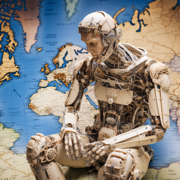 "Le robot pèse sur le monde" (Qant, M. de R. avec Midjourney)