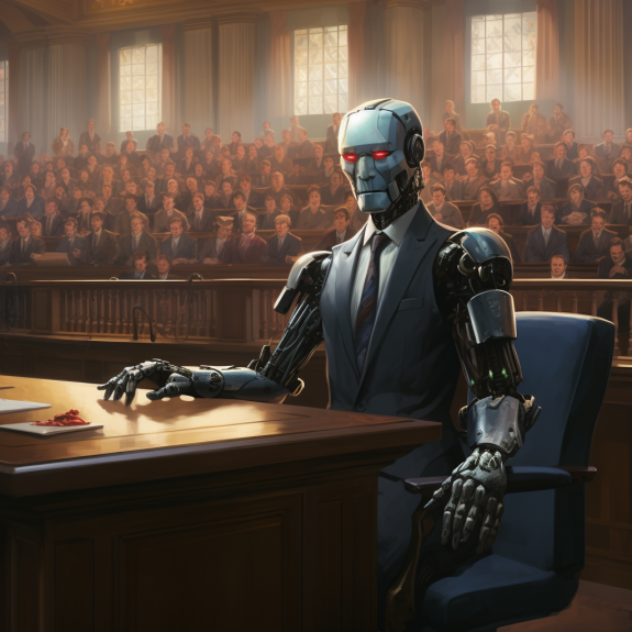 "Le robot assume le procès" (Qant, M. de R. avec Midjourney)