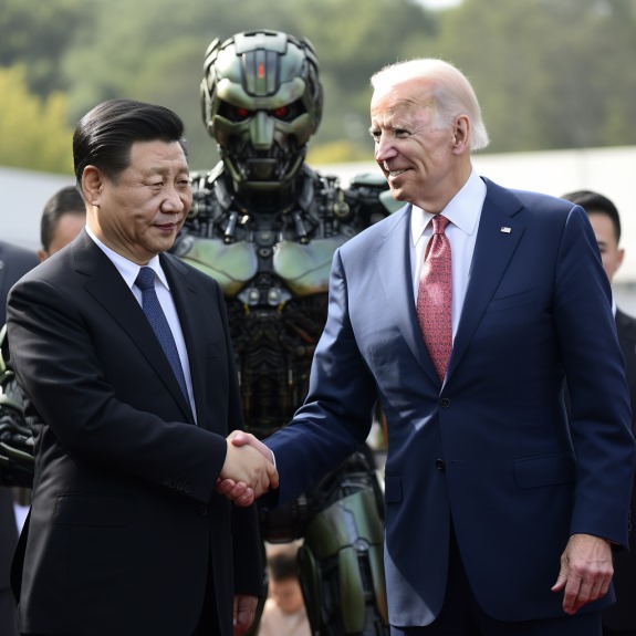 "Joe Biden et Xi Jinping veulent prévenir l'apocalypse par l'IA" (Qant, M. de R. avec Midjourney)