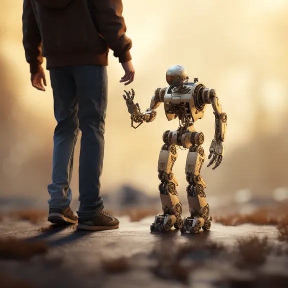 “L’homme accompagne le robot” (Qant, M. de R. avec Midjourney)