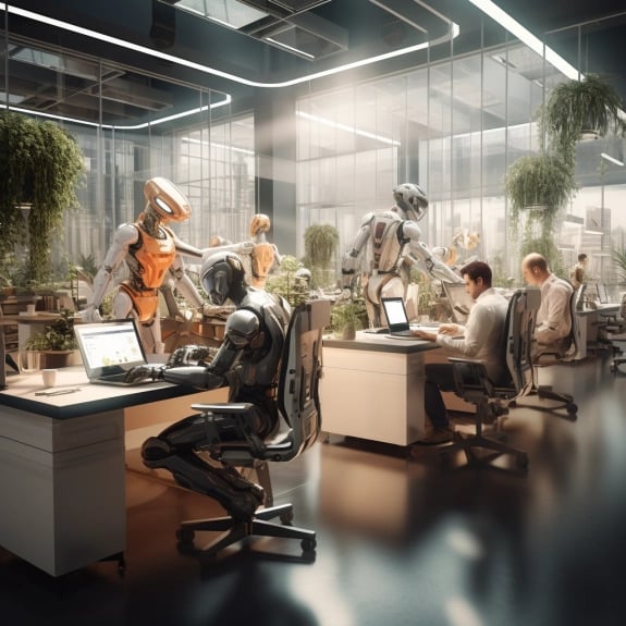 “Robots et humains évoluant en entreprise” (Qant, M. de R. avec Midjourney)