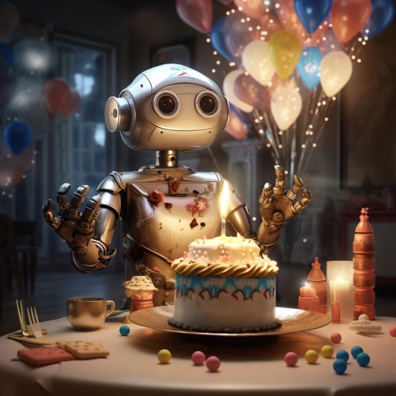 “Le robot fête son premier anniversaire” (Qant, M. de R. avec Midjourney)