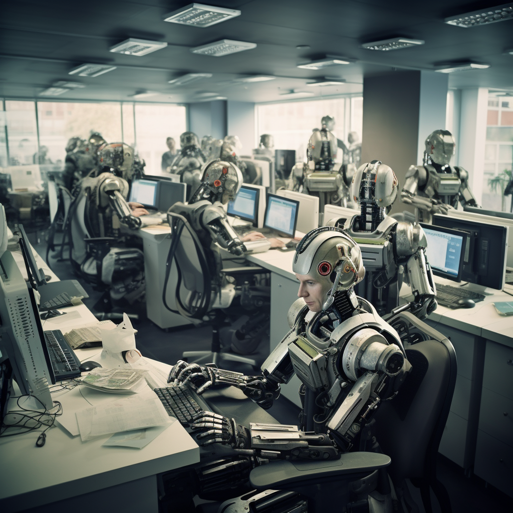 “Les robots dans la rédaction” (Qant, M. de R. avec Midjourney)