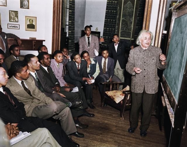 Albert Einstein and students at Lincoln's, first Historical Black University in 1946, photographed by John W. Mosley, colorised by u/veggytheropoda