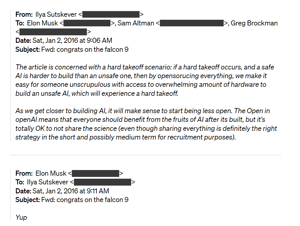 “Echange de mails entre Ilya Sutskever et Elon Musk concernant la diminution de l’ouverture d’OpenAI” (Source : OpenAI)