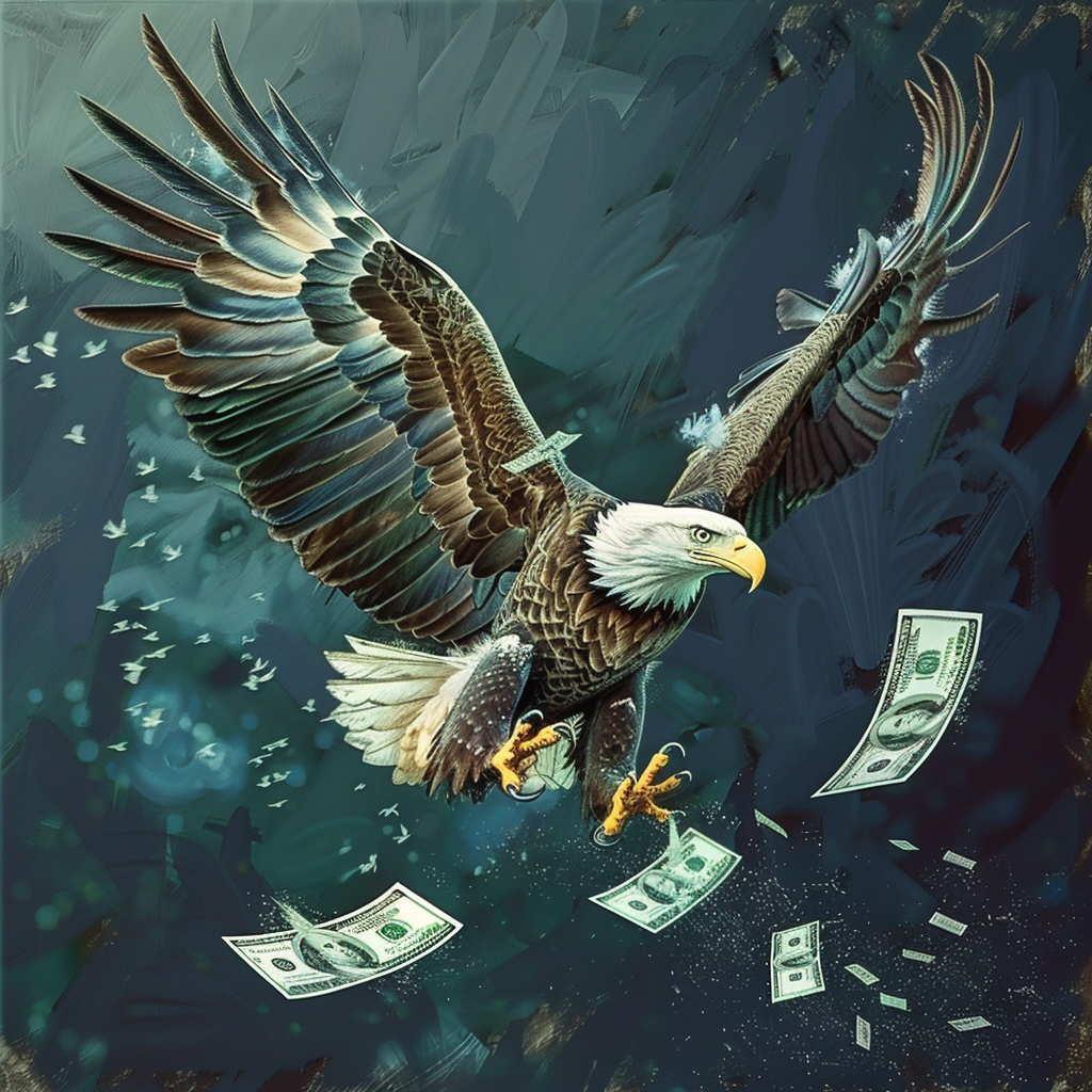 “Les dollars échappent à l’aigle américain” (Qant, M. de R. avec Midjourney)