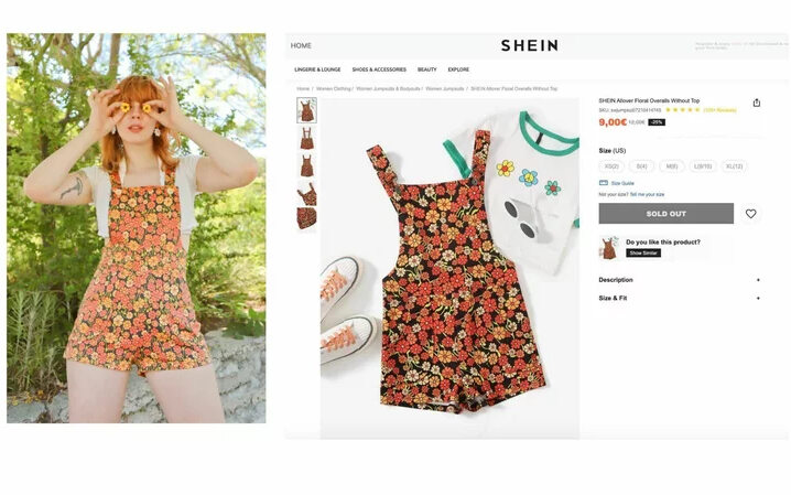 A gauche, la pièce à motif "Orange Daisies" de Miracle Eye,que Shein aurait proposée par la suite (à droite) 