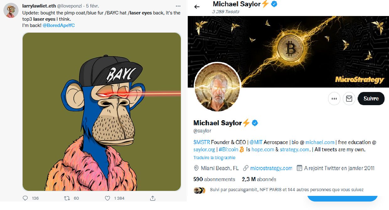 Tweet de larrylawliet.eth d'un BAYC laser eyes et profil de Michael Saylor sur Twitter <br>
