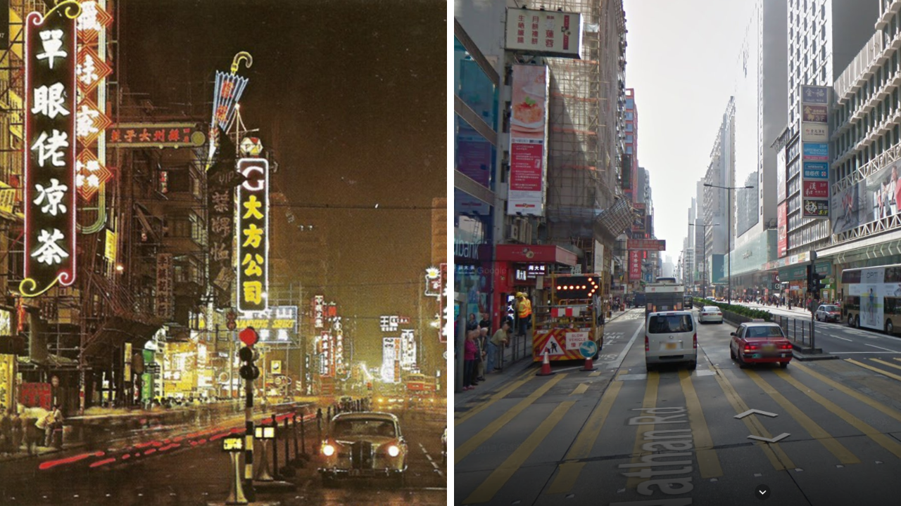Comparaison de la Nathan Road entre 1960 et 2014. Un très grand nombre de néons ont disparus au fil des générations.