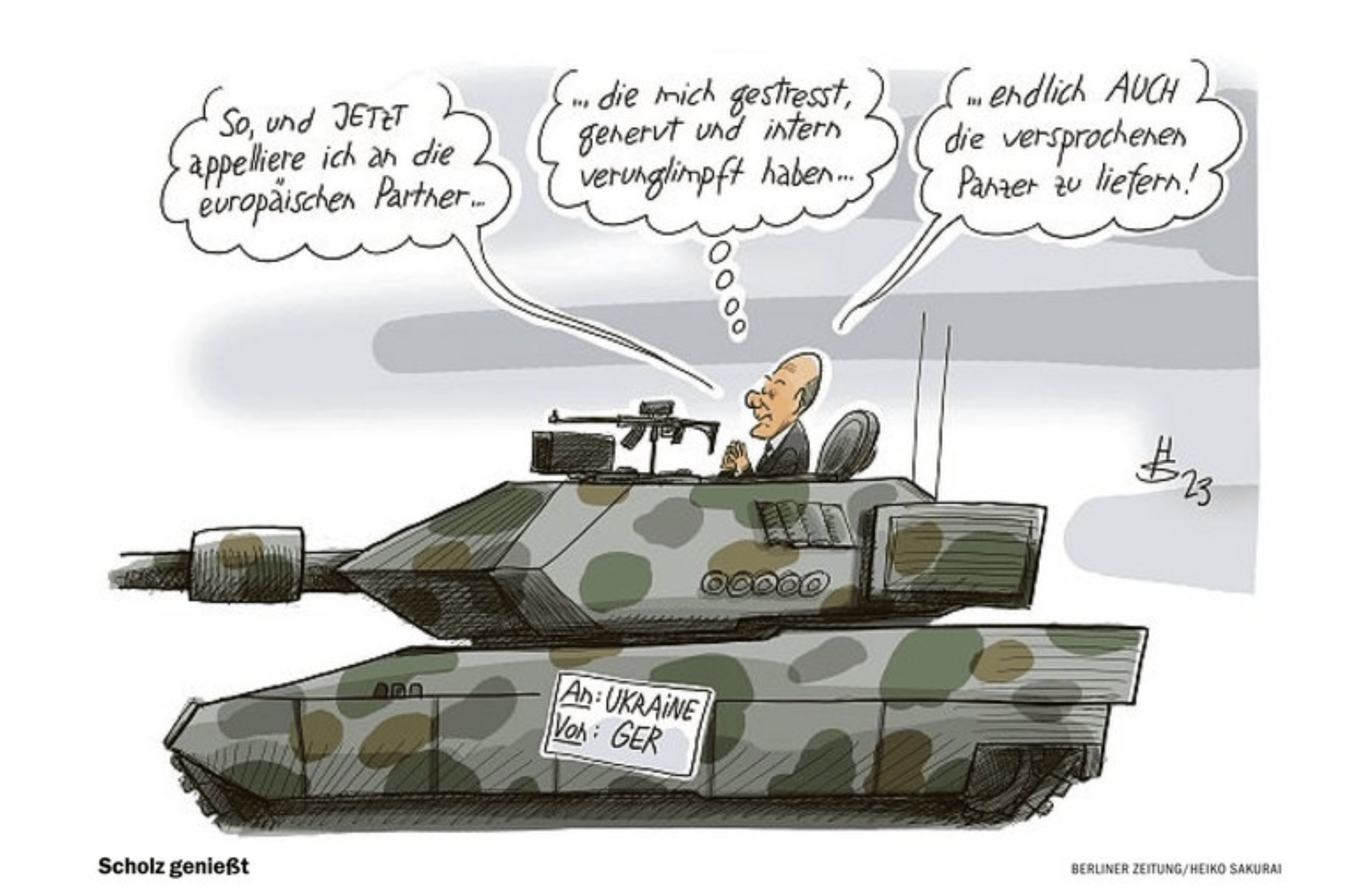 "Et maintenant j'en appelle aux partenaires européenns (qui m'ont stressé, énervé et dénigré) à livrer enfin les chars promis" Après avoir donné son feu vert à la livraison des Leopard 2 très attendus en Ukraine, Berlin s'est aperçu que les promesses de différents pays européens n'étaient pas toujours suivies d'effets. 