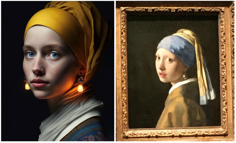 (de gauche à droite) "Girl with a Glowing Earring" - Capture Instagram @julien_ai_art et photographie du tableau « La jeune fille à la perle » (A. Drouot-Chary)