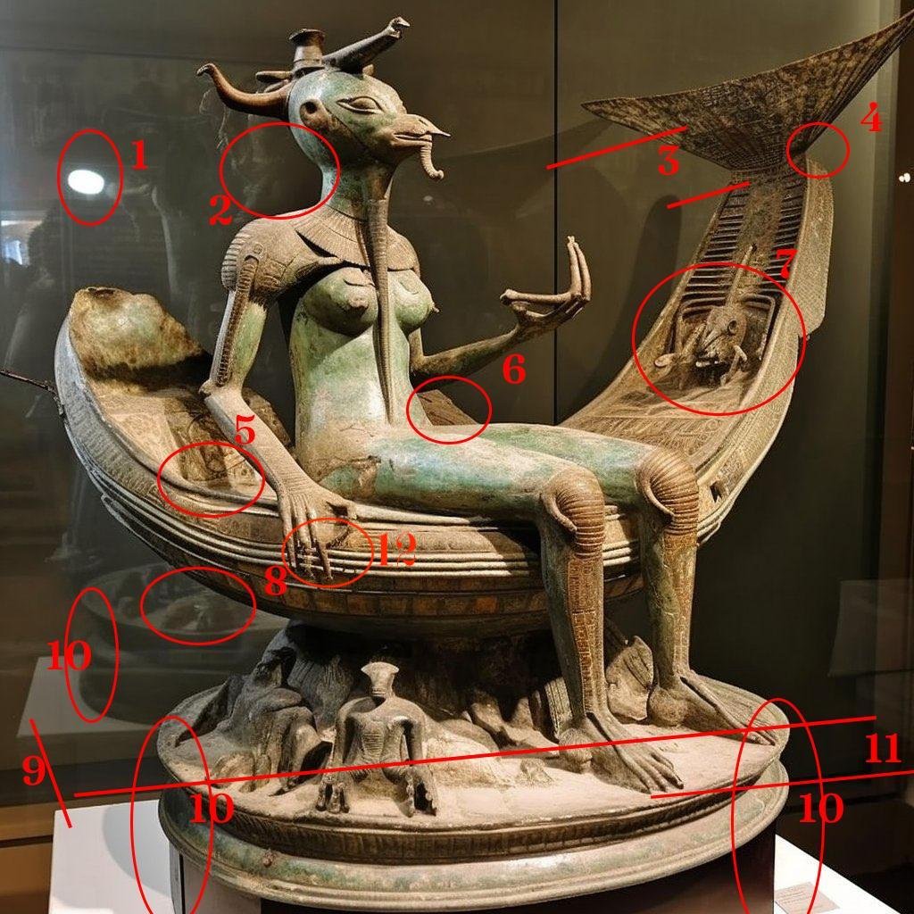 Nous n'avons pas mentionné les 2 pieds gauches, ni les mains bizarres, ni même la coque du bateau trop arrondie... car ces éléments auraient pu être des choix du sculpteur/artiste. 