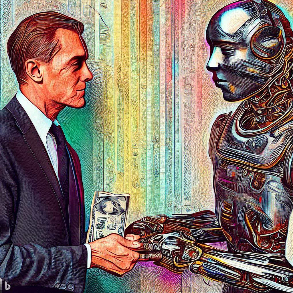 "L'homme forcé de payer le robot" (Bing Image Creator)