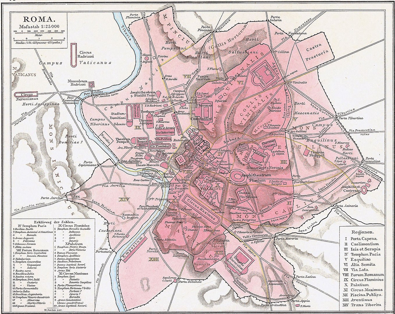 En rouge, les quartiers de Rome protégés par la muraille Servienne, un mur d'enceinte construit au VIe siècle avant notre ère et dont certaines sections pourraient correspondre au pomerium originel. Les parties roses correspondent à l'extension de la ville sous le règne d'Aurélien, à la fin du IIIe siècle.