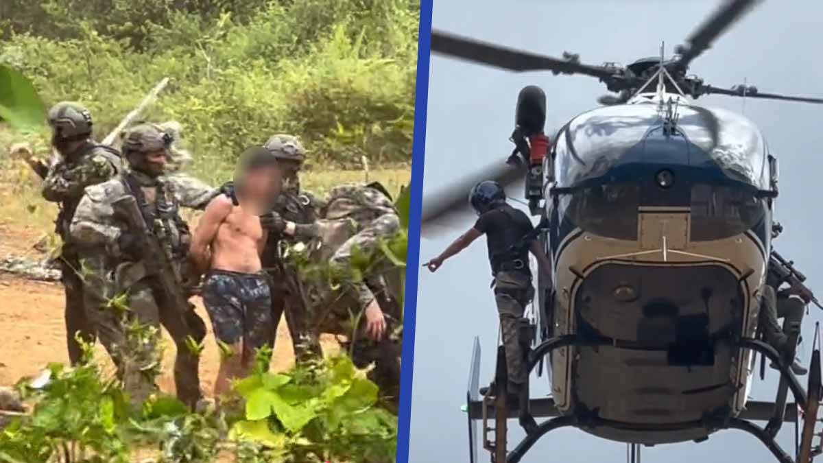 A gauche, le jeune brésilien suspecté d'être l'auteur du meurtre du major Arnaud Blanc est interpellé sans violence. A droite l'hélicoptère qui l'a emmené à Cayenne, puis en Martinique pour être mis en garde à vue.