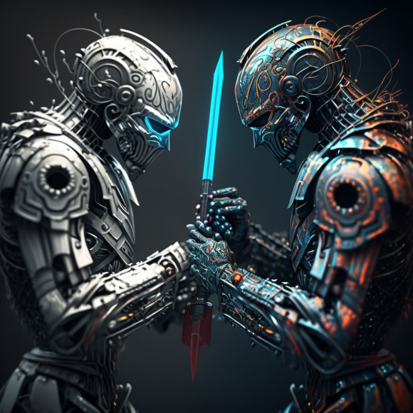 "Le duel des robots rédacteurs" (Midjourney)