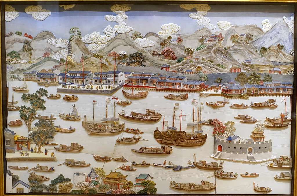 Sur les eaux du port de Canton, les navires des marchands européens côtoient les jonques chinoises. © Auteur inconnu – Peabody Essex Museum