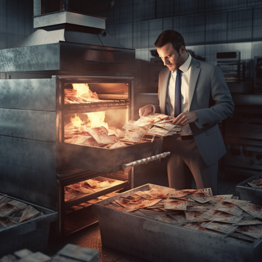 "Un businessman brûle l'argent pour avancer (Midjourney)