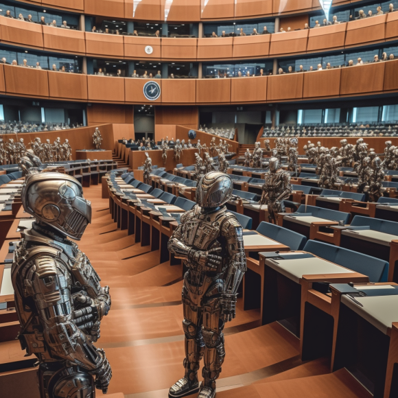 "Des robots au parlement européen" (Midjourney)