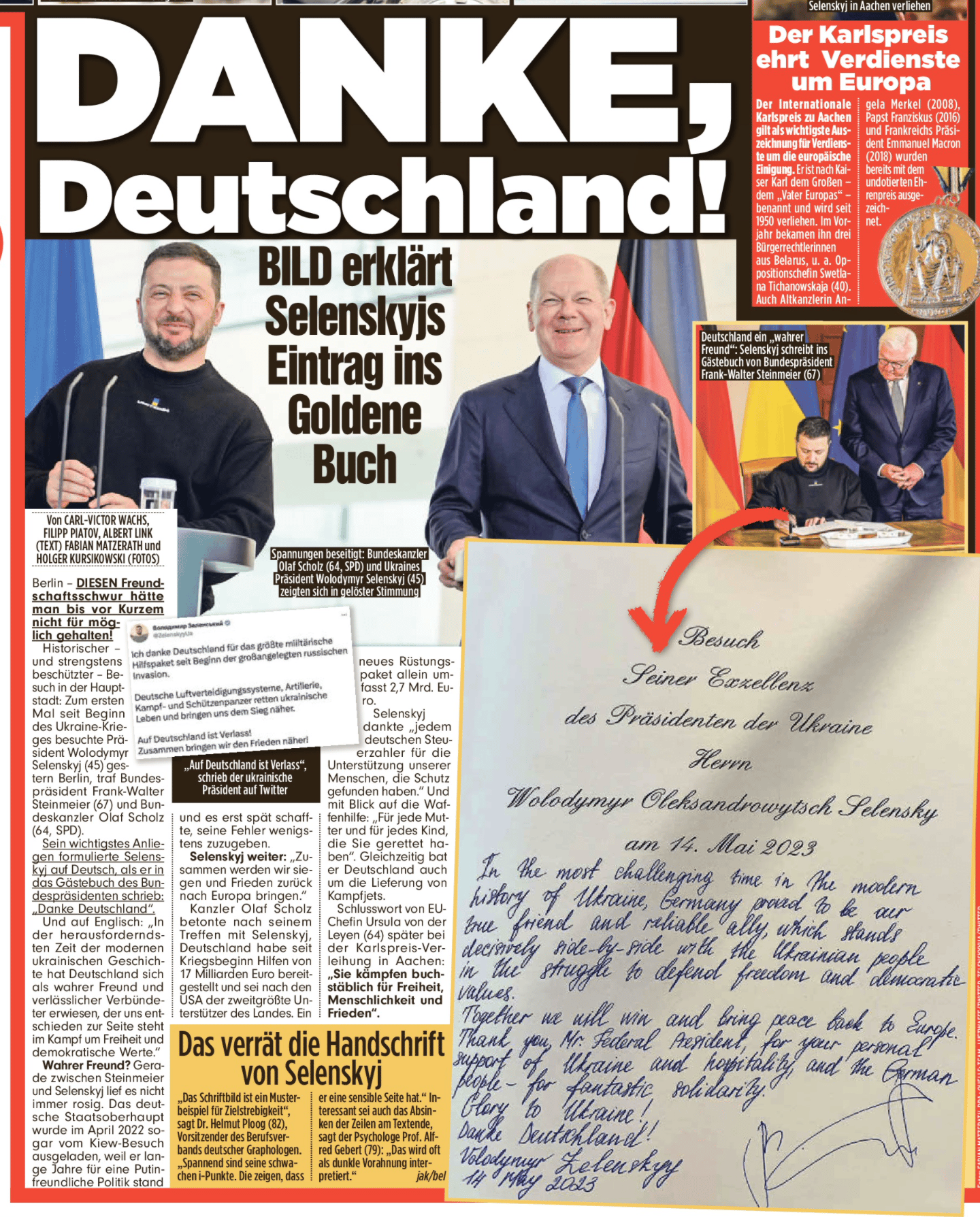 "Merci l'Allemagne" titre le quotidien "Bild Zeitung" et publie une photo du chaleureux message de Zelensky dans le livre d'or de la présidence de la république allemande. 