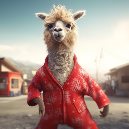 "Le lama en pyjama rouge" (Midjourney)