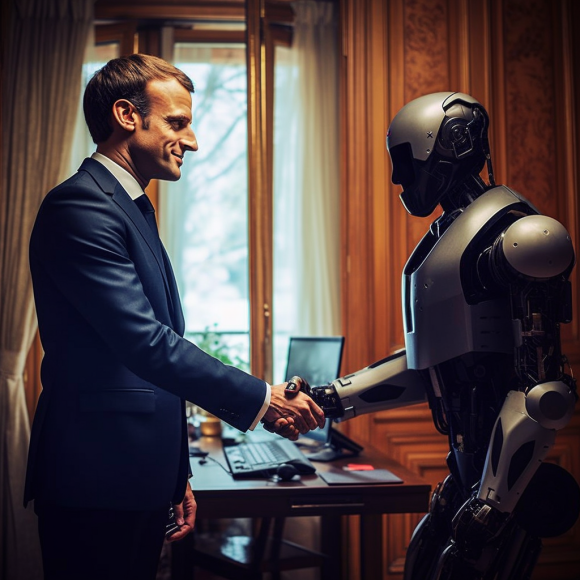 "Emmanuel Macron rencontre le robot" (Midjourney)