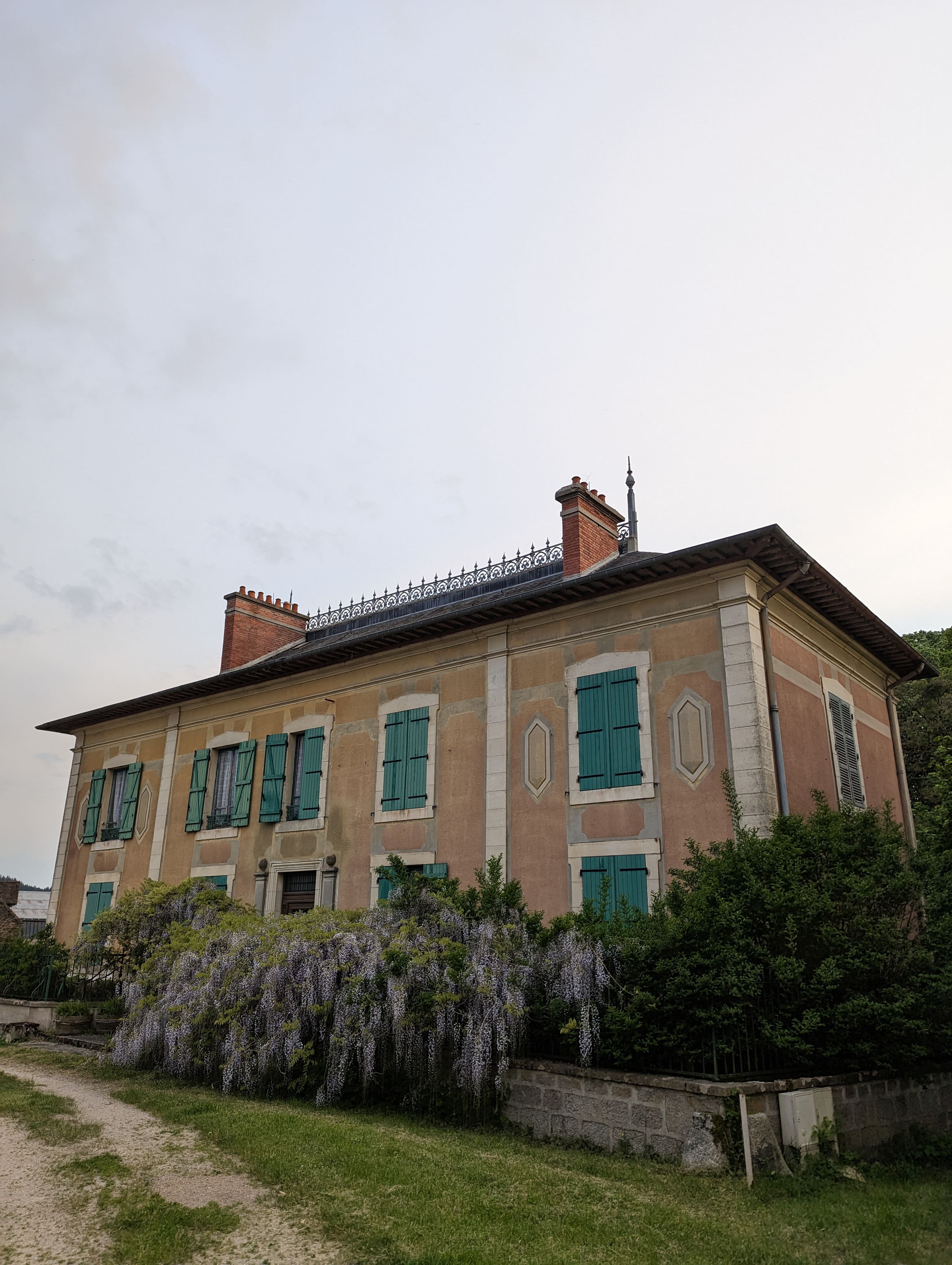 Une invasion de glycines sur une maison aux volets verts.