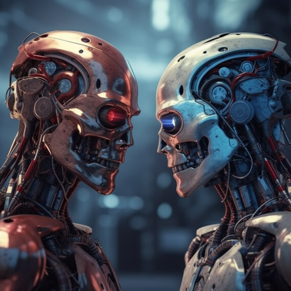 "Le robot du bien contre le robot du mal" (Midjourney)