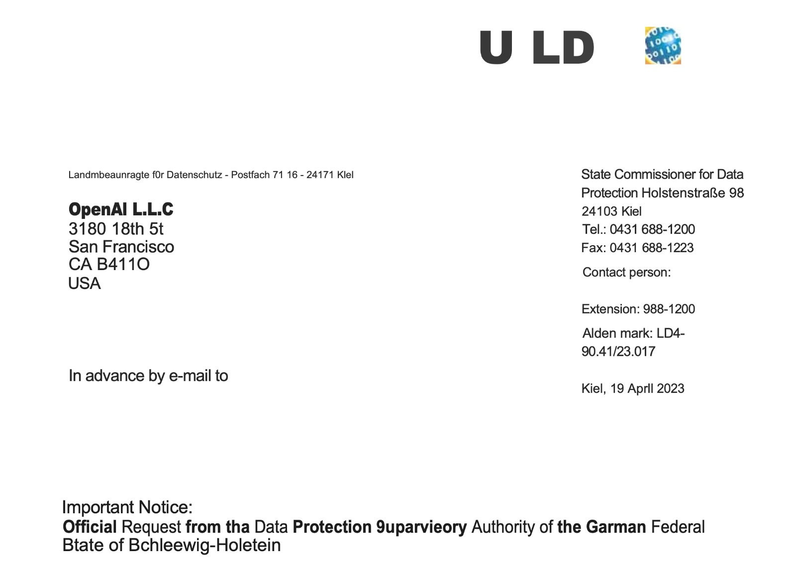 Une traduction officieuse de la requête officielle de la Cnil du Schleswig-Holstein à OpenAI, en date du 19 avril 2023