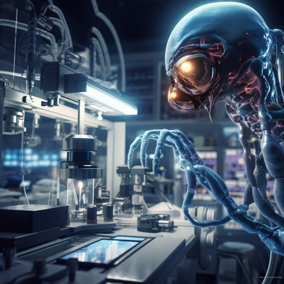 "Le robot observe des germes au microscope" (Midjourney)