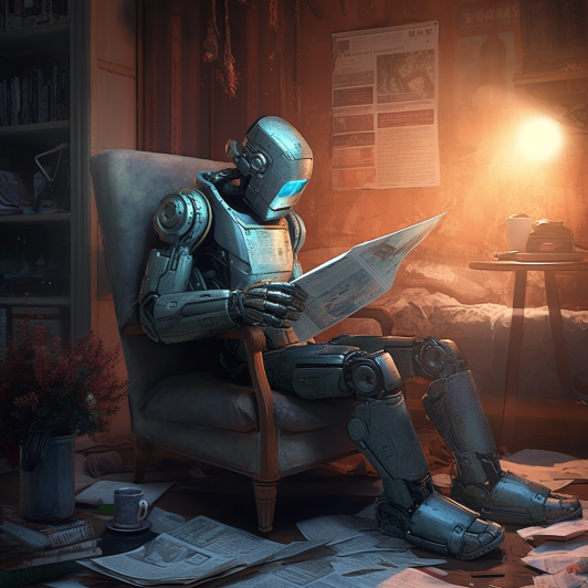 "Le robot feuillette les journaux" (Midjourney)