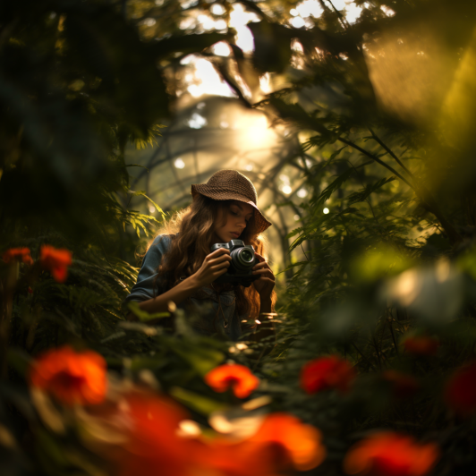 "Une photographe au milieu d'une jungle luxuriant" (Midjourney)