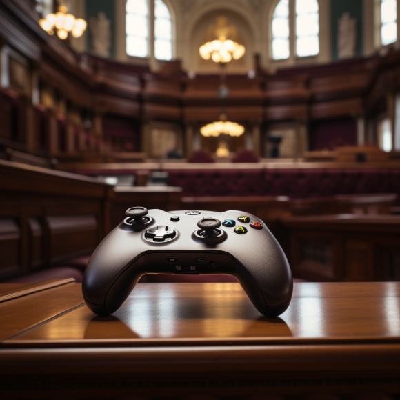 "L'IA dans le jeu vidéo s'aventure dans les méandres du droit" (Midjourney)