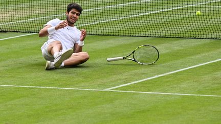 La balle est du bon côté du filet, la raquette et Carlos peuvent s'allonger de tout leur long sur le gazon londonien