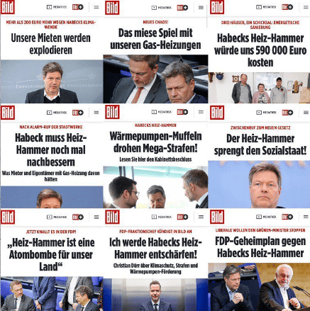 "Heiz-Hammer" : mot à mot "le marteau du chauffage" ou comment le gouvernement allait assomer propriétaires et locataires avec une loi sur les chauffages moins polluants. Quelques exemples de la campagne massive du quotidien populiste de droite. 
