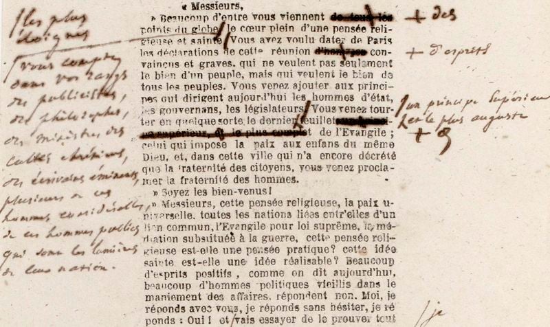 Brouillon du discours de Victor Hugo, lors de l'inauguration du congrès pour la paix, le 21 août 1849