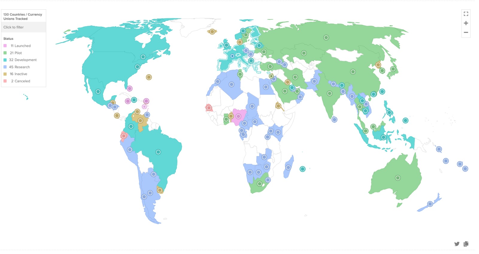 L'état d'avancement des projets de monnaie numérique de banque centrale. Source : Atlantic Council
