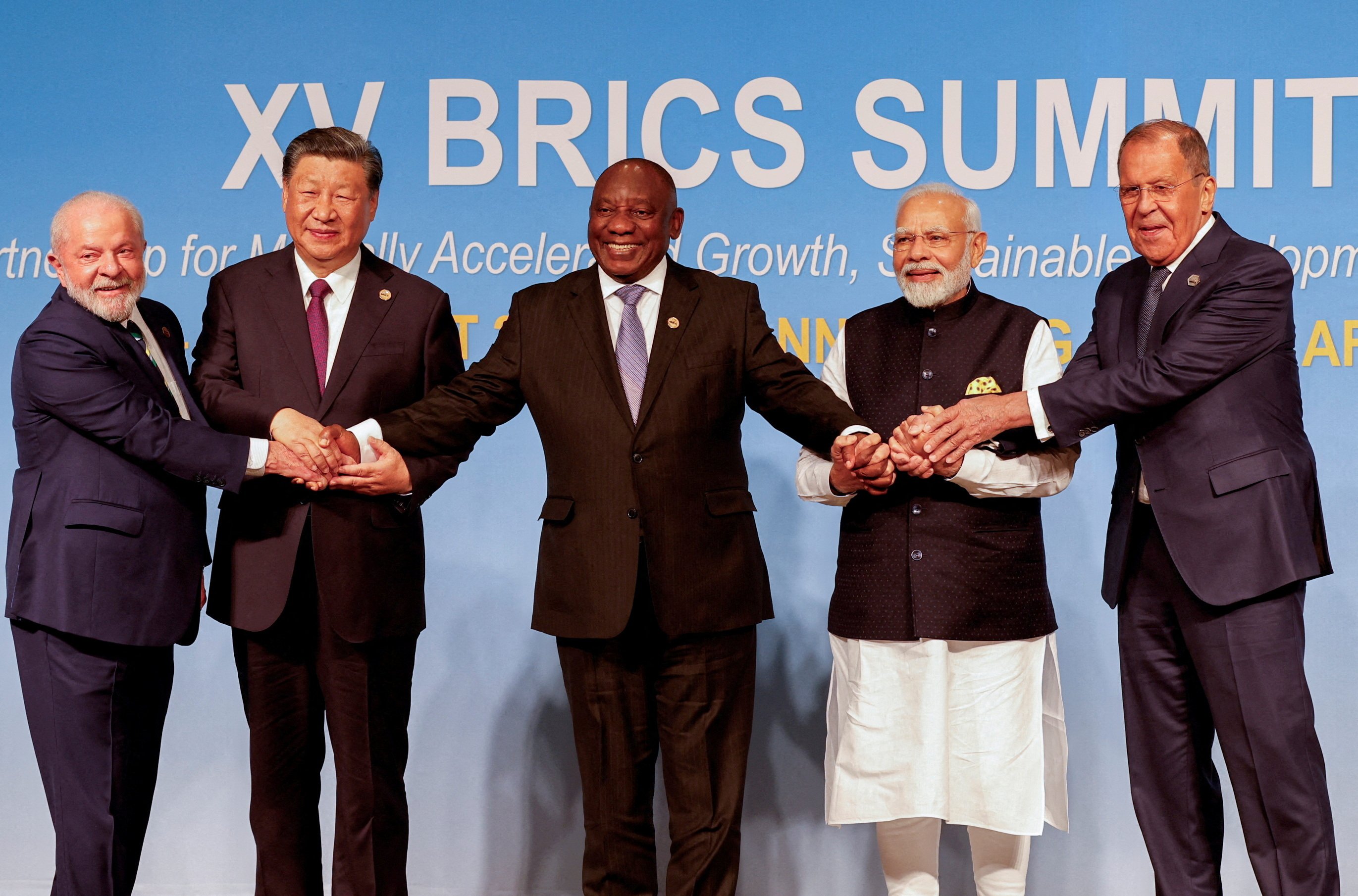Les représentants du Brésil, de la Chine, de l'Afrique du sud, de l'Inde et de la Russie, réunis lors d'un sommet des BRICS à Johannesburg. Photo: Gianluigi Guercia, Reuters