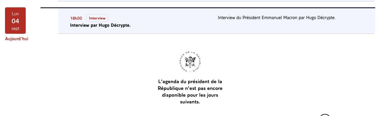 Capture d'écran du site de l'Élysée ce lundi 4 septembre 2023.