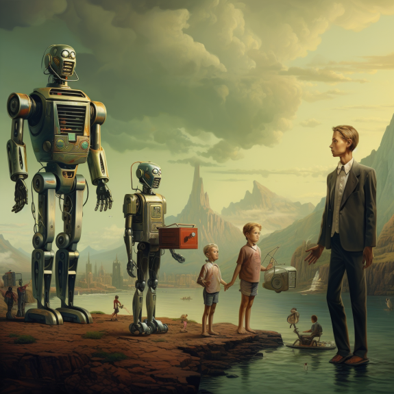 Hommes et robots coexistent dans un monde à la RiverWorld (Midjourney)