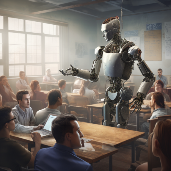 "Le robot se tient au milieu des étudiants" (Midjourney)