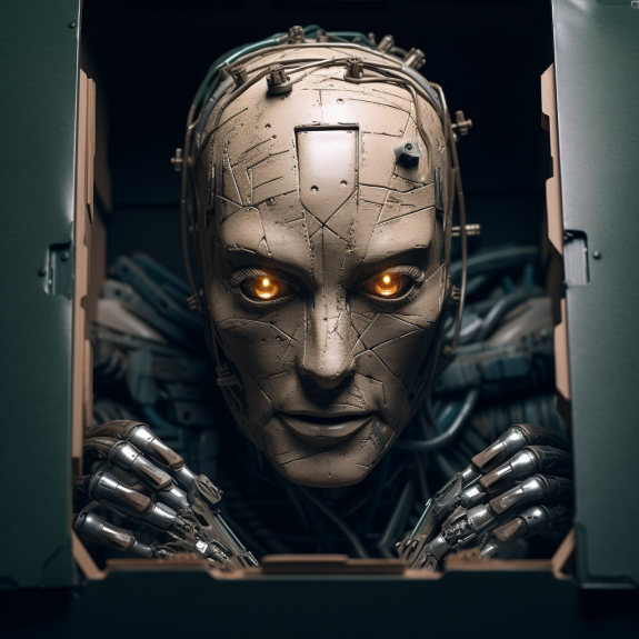 "Le robot sort de sa boîte" (Midjourney)