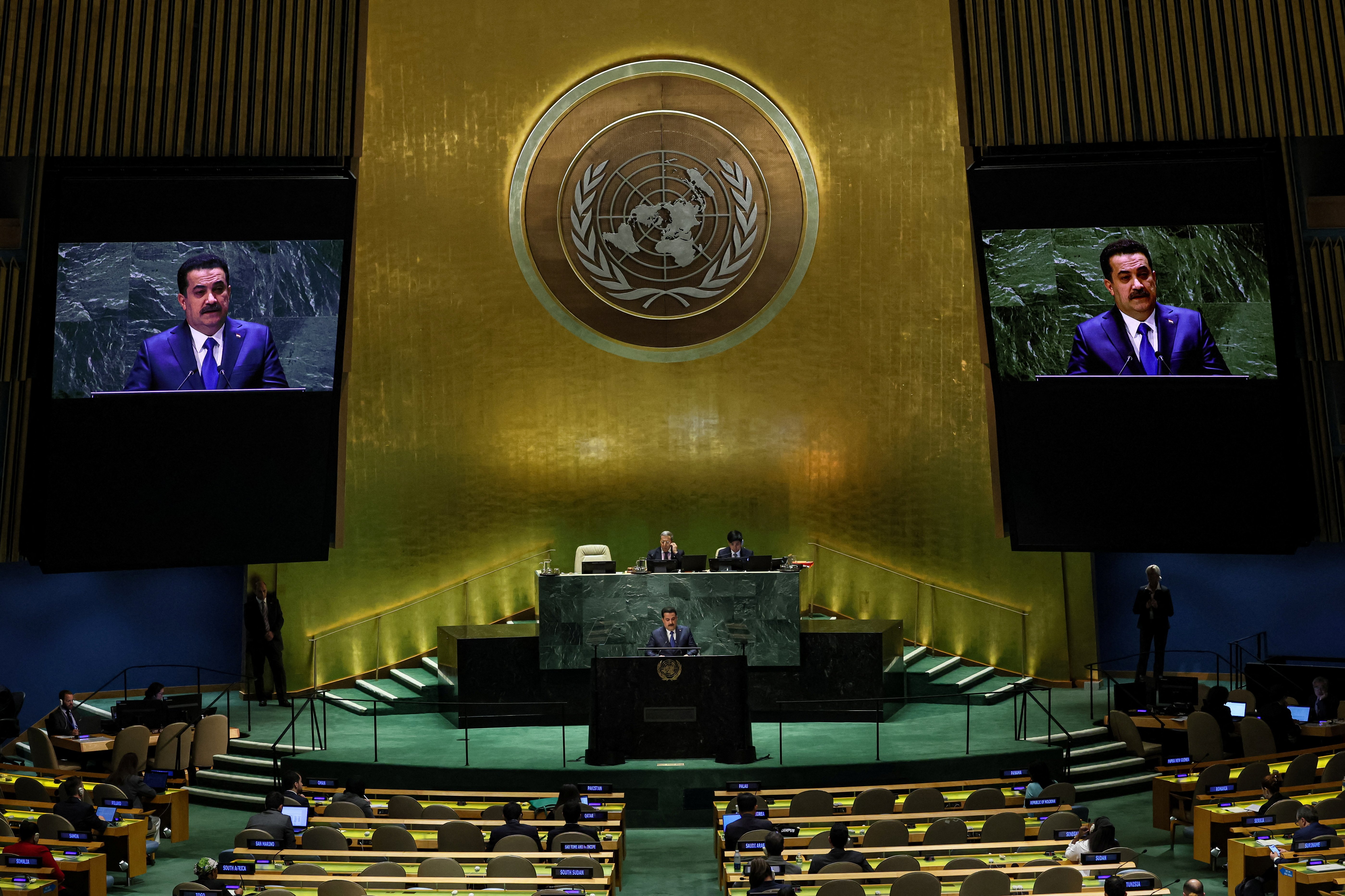 Le premier ministre de l'Irak, Mohammed Shia Al Sudani, devant l'assemblée de l'ONU, le 22 septembre 2023. Photo: Brendan McDermid, Reuters