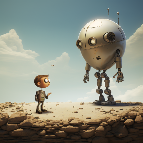 "Petit robot veut se faire aussi gros que ChatGPT" (Midjourney, M. de R.)