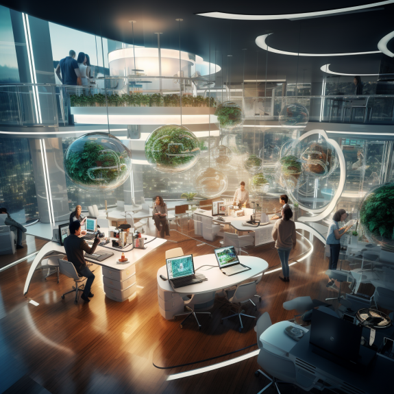 "Le bureau du futur, enrichi par l'IA" (Qant, M. de R. avec Midjourney)