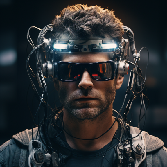 "L'homme ultra connecté grâce aux accessoires portables" (Qant, M. de R. avec Midjourney)